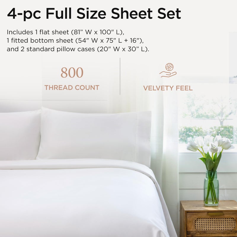 Threadmill Luxury 800 Thread Count Full Size 100% Cotton Sheets - Hotel White Sateen Weave Bed-Sheets, Better Than Egyptian Cotton, 4 Pc Solid Bed Set, Fits 16" Deep Pocket - Image 2